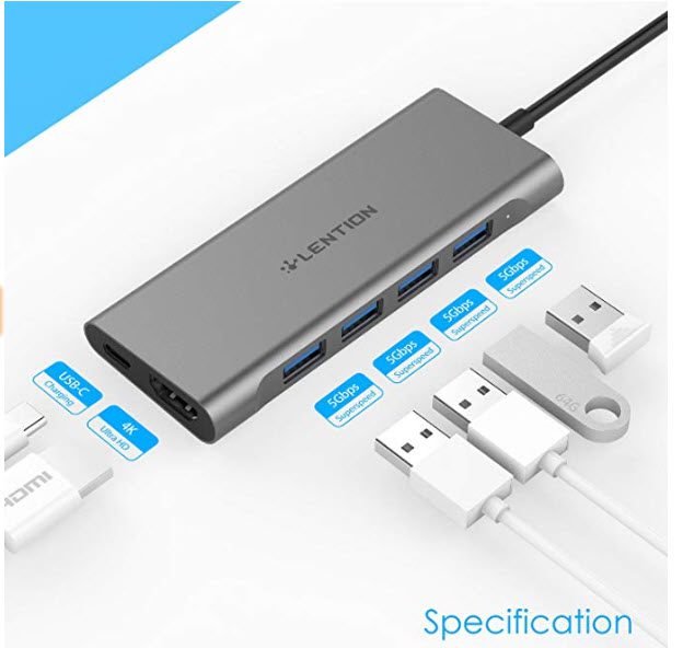 The Lention USB-C adaptor showing all the plug ins