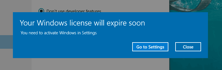 Screenshot of "Your Windows license will expire soon."