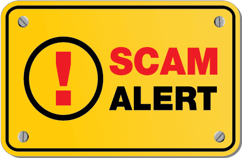 Yellow sign with "Scam Alert" printed on it.