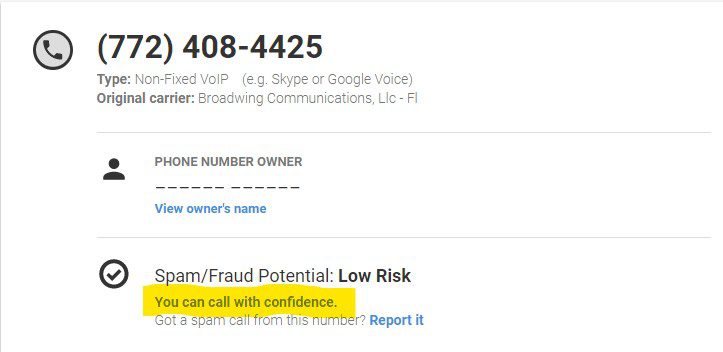 White pages result when reversing 772-408-4425
