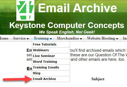 Screen capture of 4KCC Training Drop-down menu.