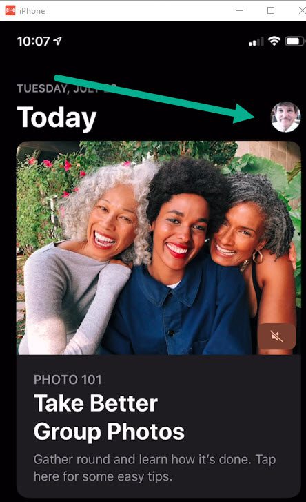 App store with arrow pointing to profile picutre