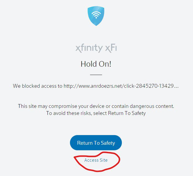 Screenshot of XFI blocking an affiliate link.