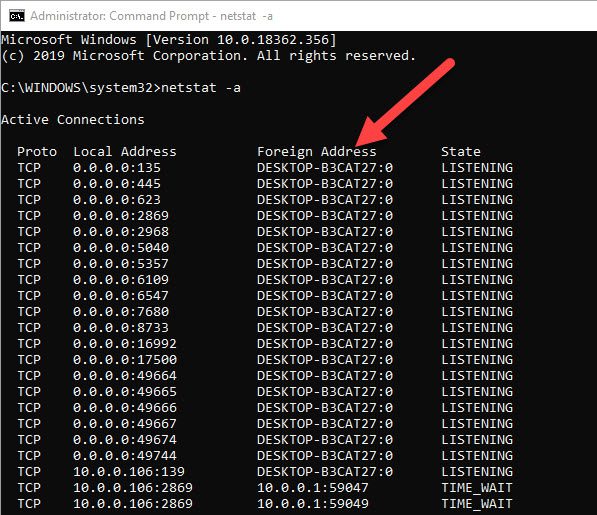 Screenshot of Netstat -a (active connections)