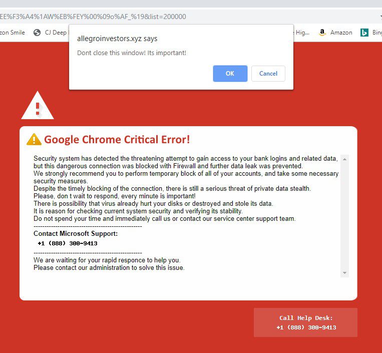 Fake Google Chrome Critical Error screenshot
