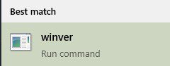 Picture of winver run command at the top of a search result