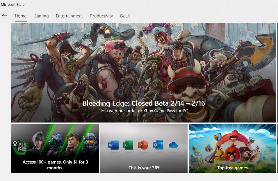 screenshot of the left side of the Microsoft Store Home page