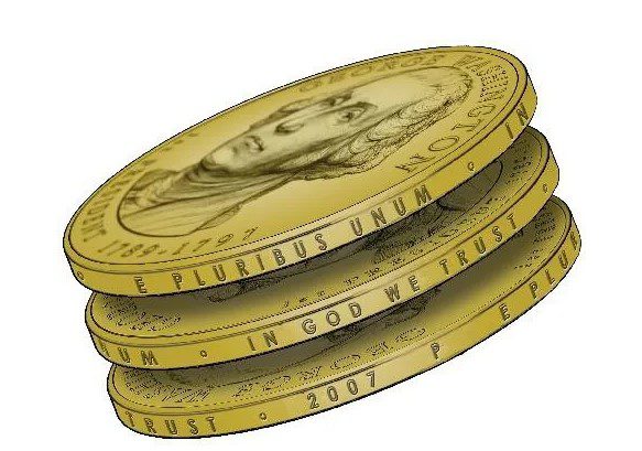 Side view of dollar coins with "In God we trust"