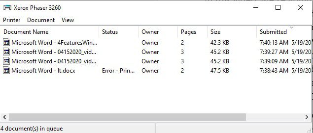 Screenshot of a printer queue with jobs stuck in it.