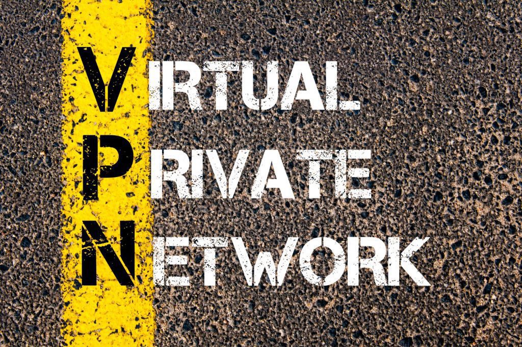 Business Acronym VPN as Virtual Private Network. Yellow paint line on the road against asphalt background. Conceptual image