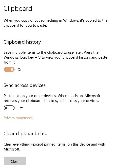 Windows 10 Clipboard Settings screen capture