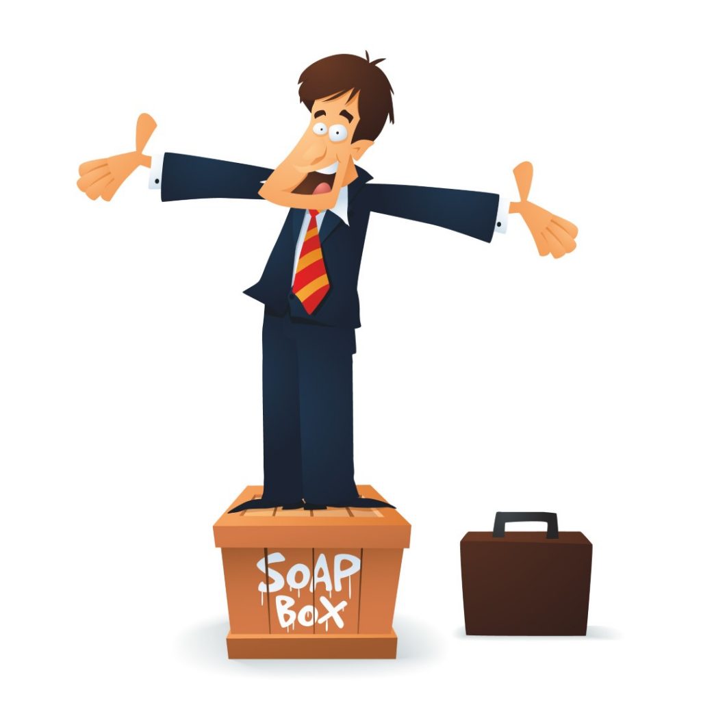 An illustration of a businessman standing on a wooden soapbox giving a speech.