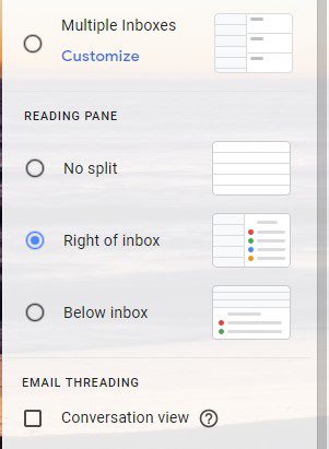 Screenshot of Gmail Reading Pane options in Settings