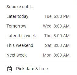 Screenshot of the Snooze menu in Gmail.