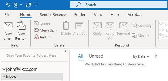 Screenshot of my empty Inbox in Microsoft Outlook
