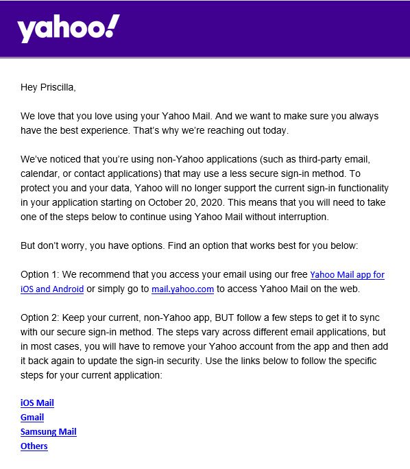 Screenshot of the beginning of an email from Yahoo about third party apps. 