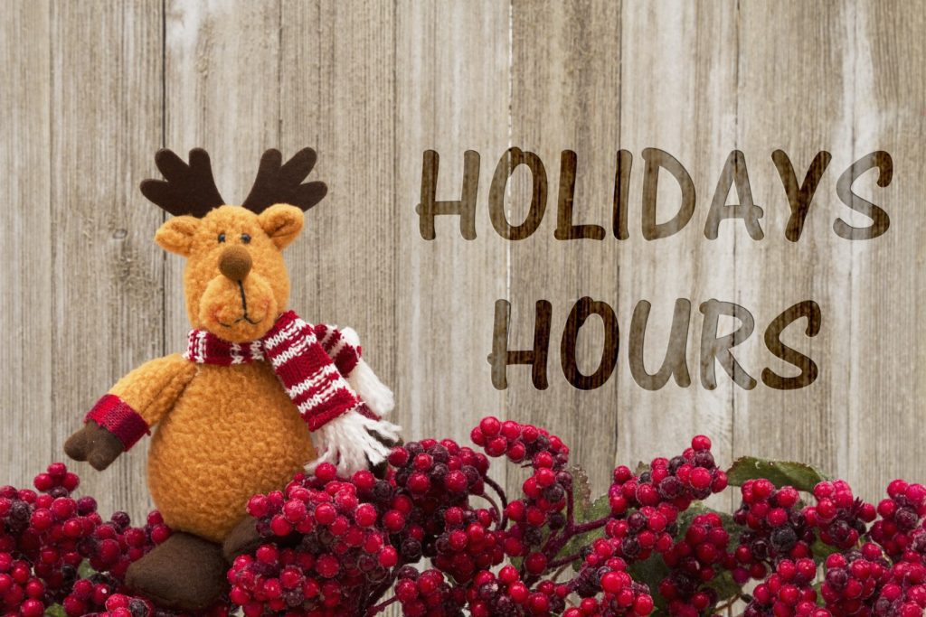 Old fashion Christmas store message, Frost covered red holly berries with a reindeer on weathered wood background with text Holiday Hours