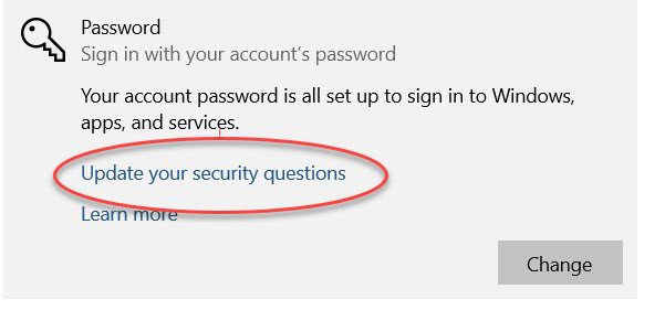 Screenshot of the "Update your security questions" options under Password  Windows 10