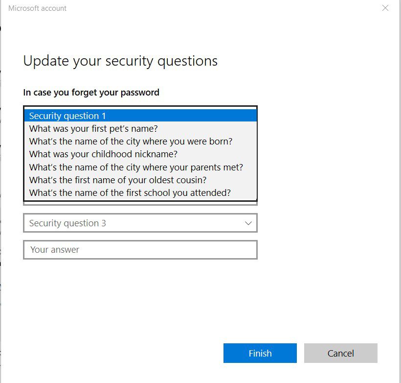 Screenshot of the "Update your security questions" window - Windows 10