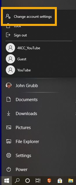 Screenshot of the Windows 10 start menu user with "Change account settings" highlighted