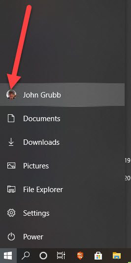 Screenshot of the Windows 10 start menu with an arrow pointing to the user name