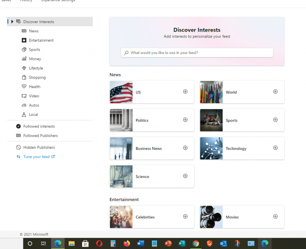 Screenshot of the Windows 10 "News and Interests" - change interests page