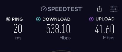 Screenshot of speed test results for my wired computer - 538.10 download and 41.60 upload.