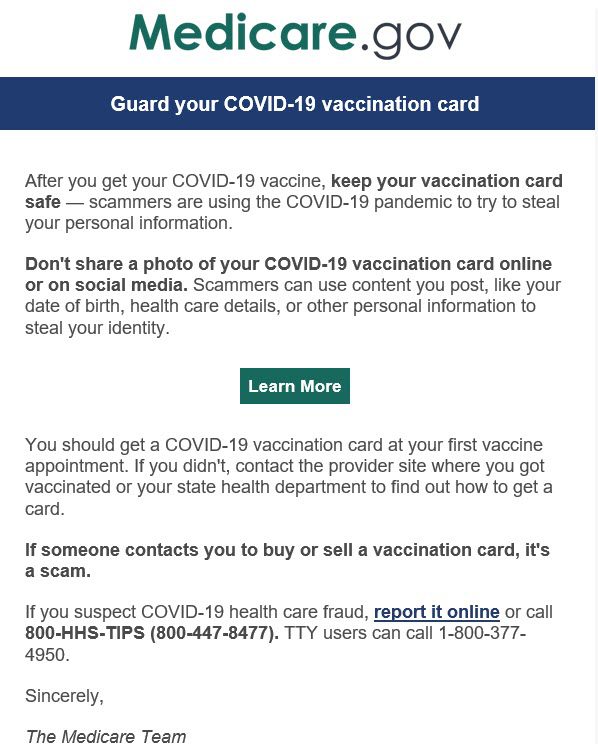 screenshot of an email from Medicare.gov about posting vaccination cards