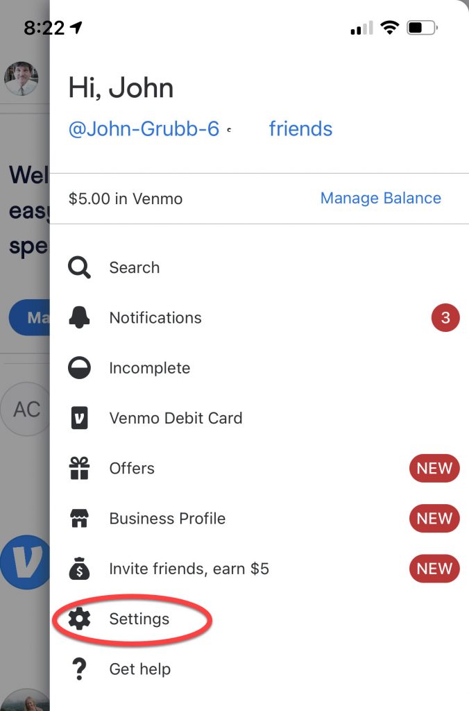 Screenshot of the first Settings window
