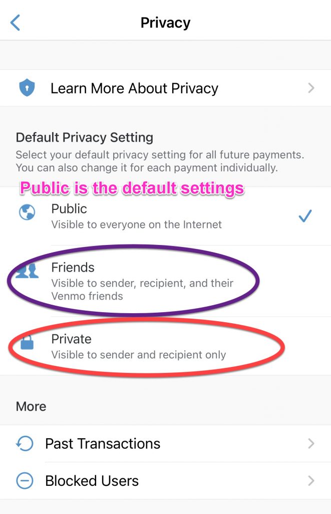 Screenshot of the Privacy window showing settings for future payments.