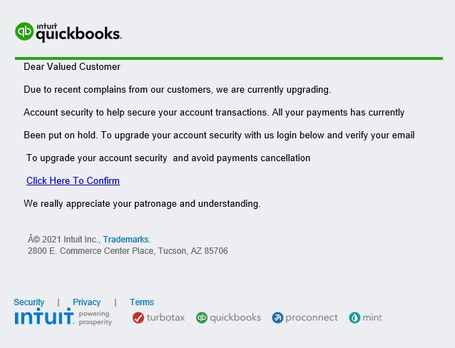 Screen capture of a QuickBooks upgrade causing your account to be put on hold.