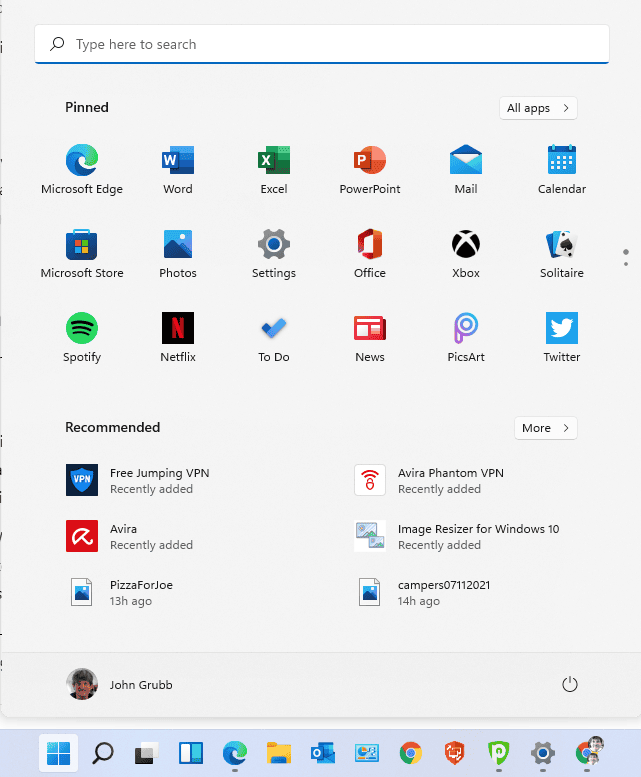 Screenshot of Windows 11 start menu
