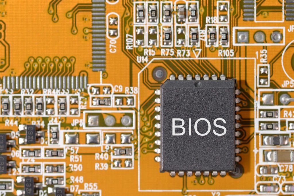 close up of BIOS - which is a form of firmware -  on circuit board