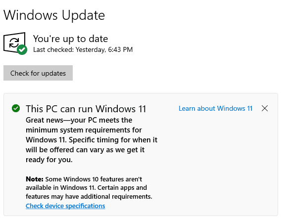 Windows Update - computer meets requirements