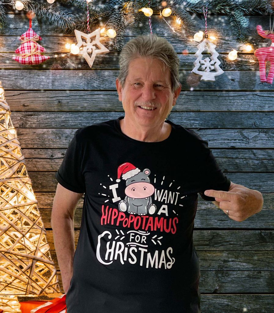 me wearing a "I Want A Hippopotamus For Christmas" T-shirt