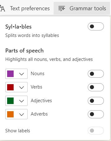Microsoft Edge - the Grammar Tools menu