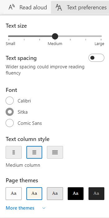 Microsoft Edge - the Text Preferences menu