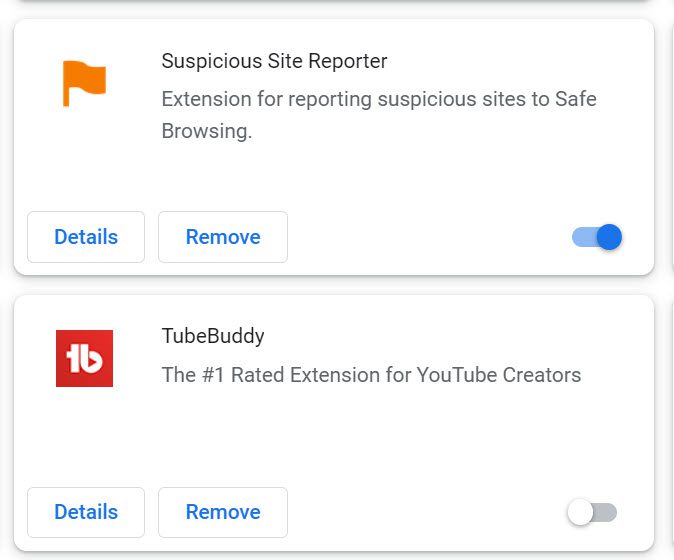 View of two extensions - one turned off, the other on.