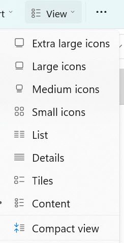 List of view settings options in Windows