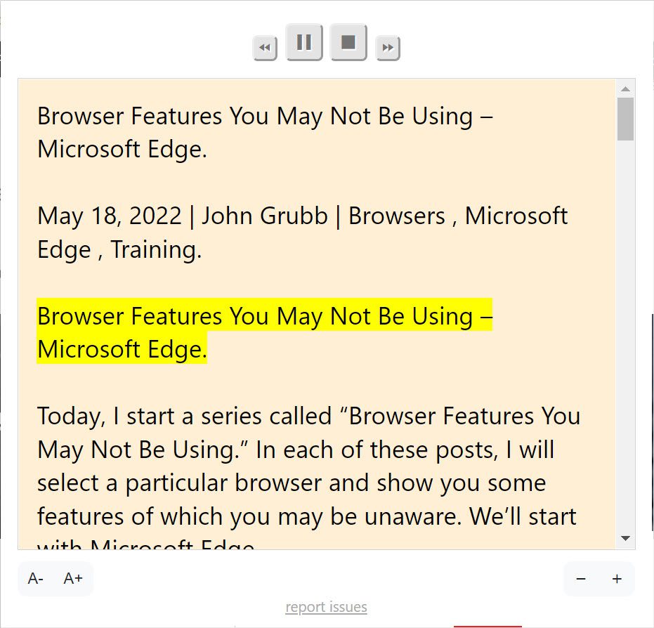 Chrome Reading Aloud extension control window