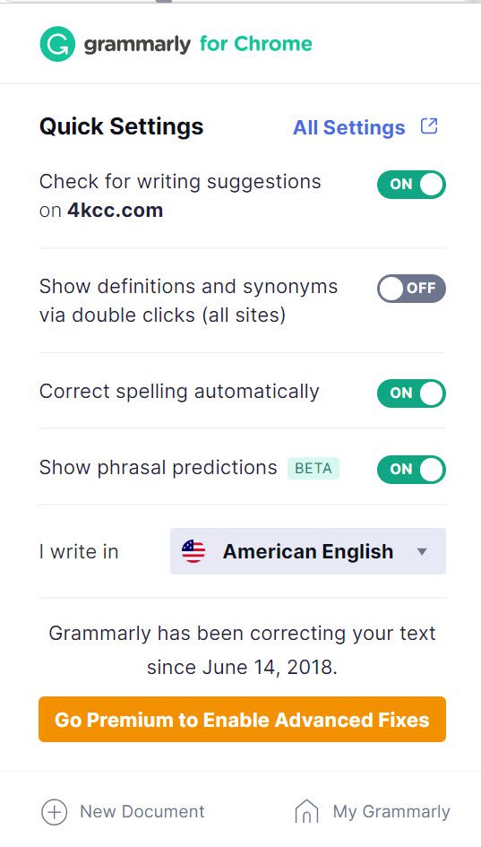 Grammarly for Chrome control window