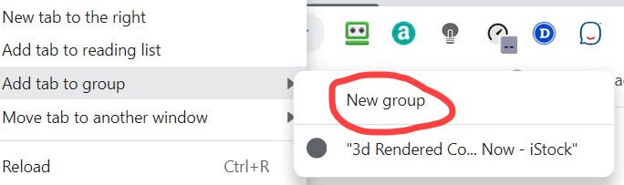 The Chrome sub-menu when right-clicking on a tab to add to a group.