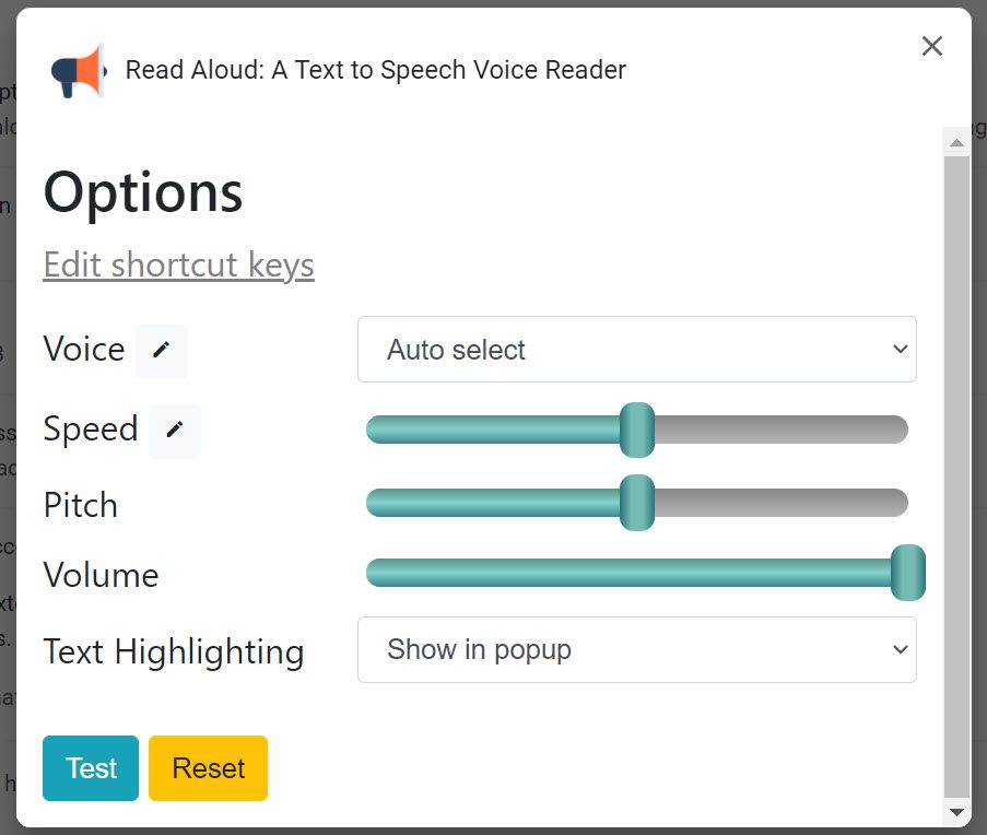Screenshot of the Read Aloud Options