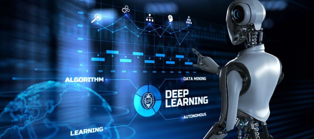 Artificial Intelligence photo showing robot and the words deep learning and algorthm
