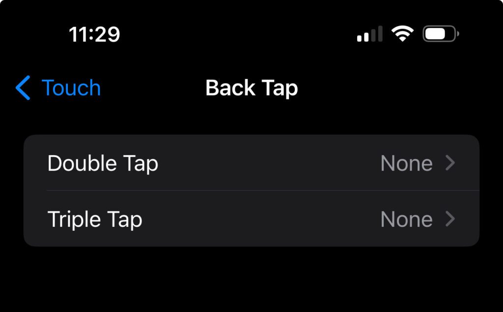 iPhone Back Tap Options screen
