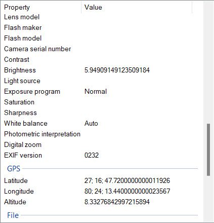 metadata showing latitude and longitude