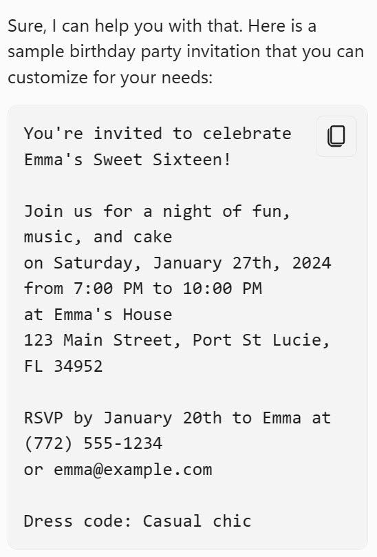The party invitation for a 16-year old girl response.