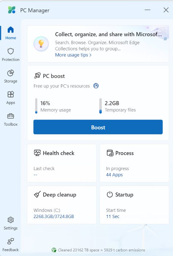 Windows PC Manager Home tab screen which shows you why you can Forget Those Other Cleanup Programs.