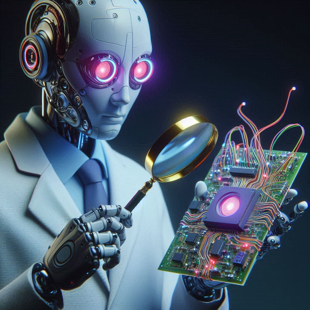 for those that have concerns about AI, this image shows a rebot examining a circuit board.